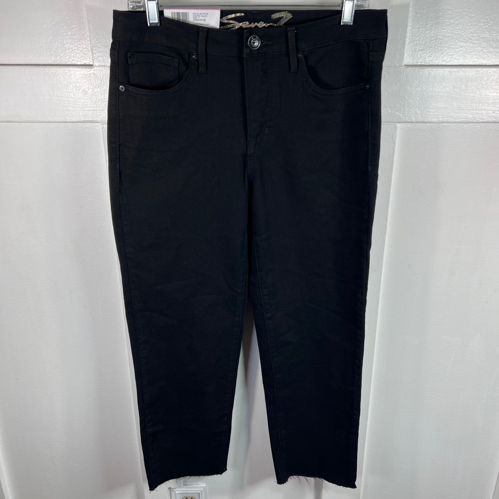 Seven7 Tower Straight Crop Jeans Womens 6 Black High Waisted Raw Hem MD7811BL